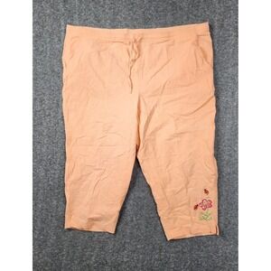 Jane Ashley Capri Pants Women 2X Peach Embroidered Flower Ladybug Cotton Casual